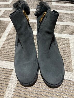 Cole Haan Black Suede Ankle Boots with Gold Zip and Faux Fur Collar